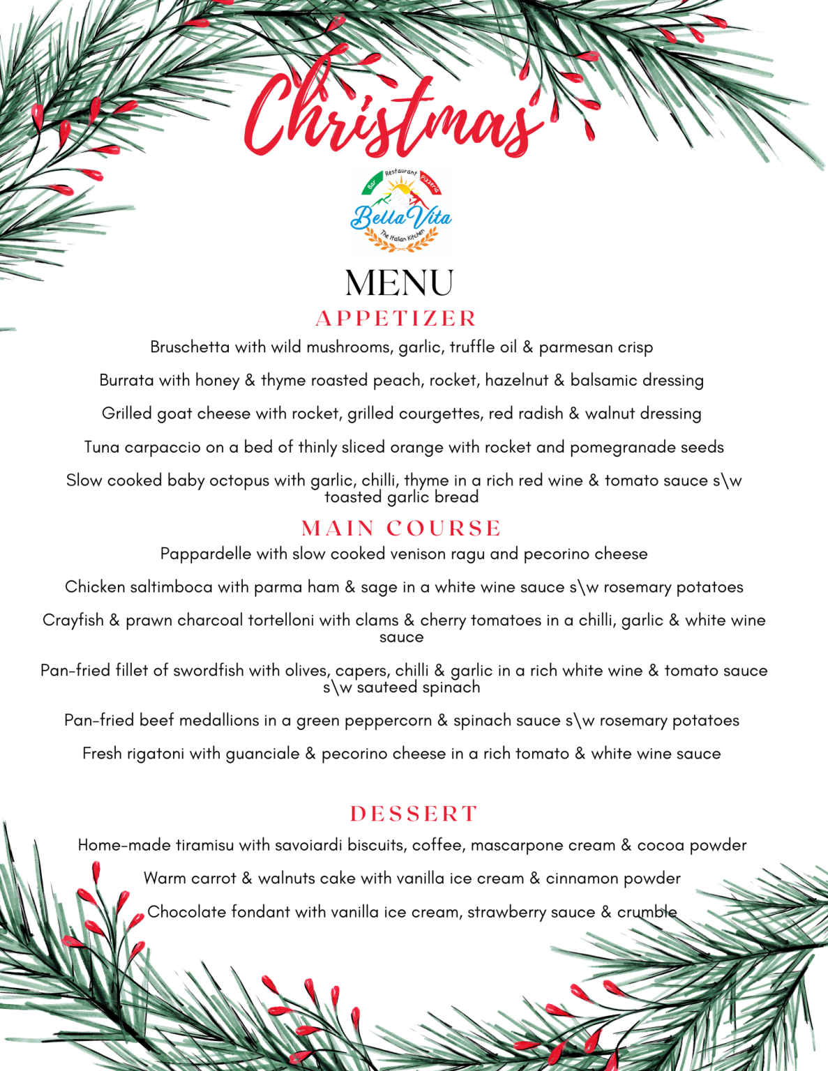 Bella Vita Italian Restaurant and Pizza Bar in Twickenham, London Menu